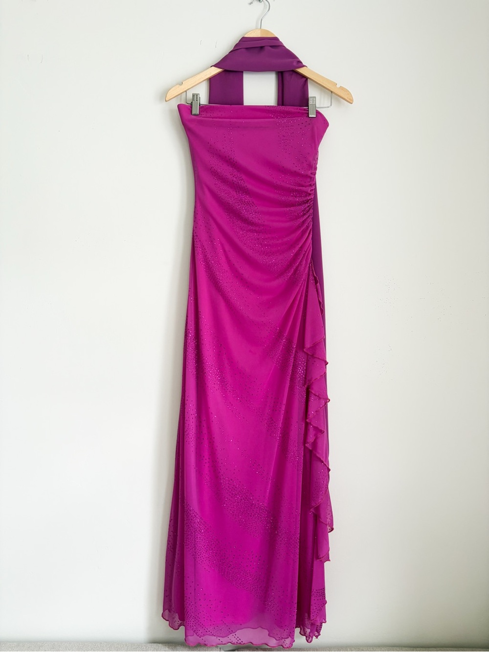 Vintage Mariposa Strapless Fuchsia Evening Gown with Scarf, Size Small